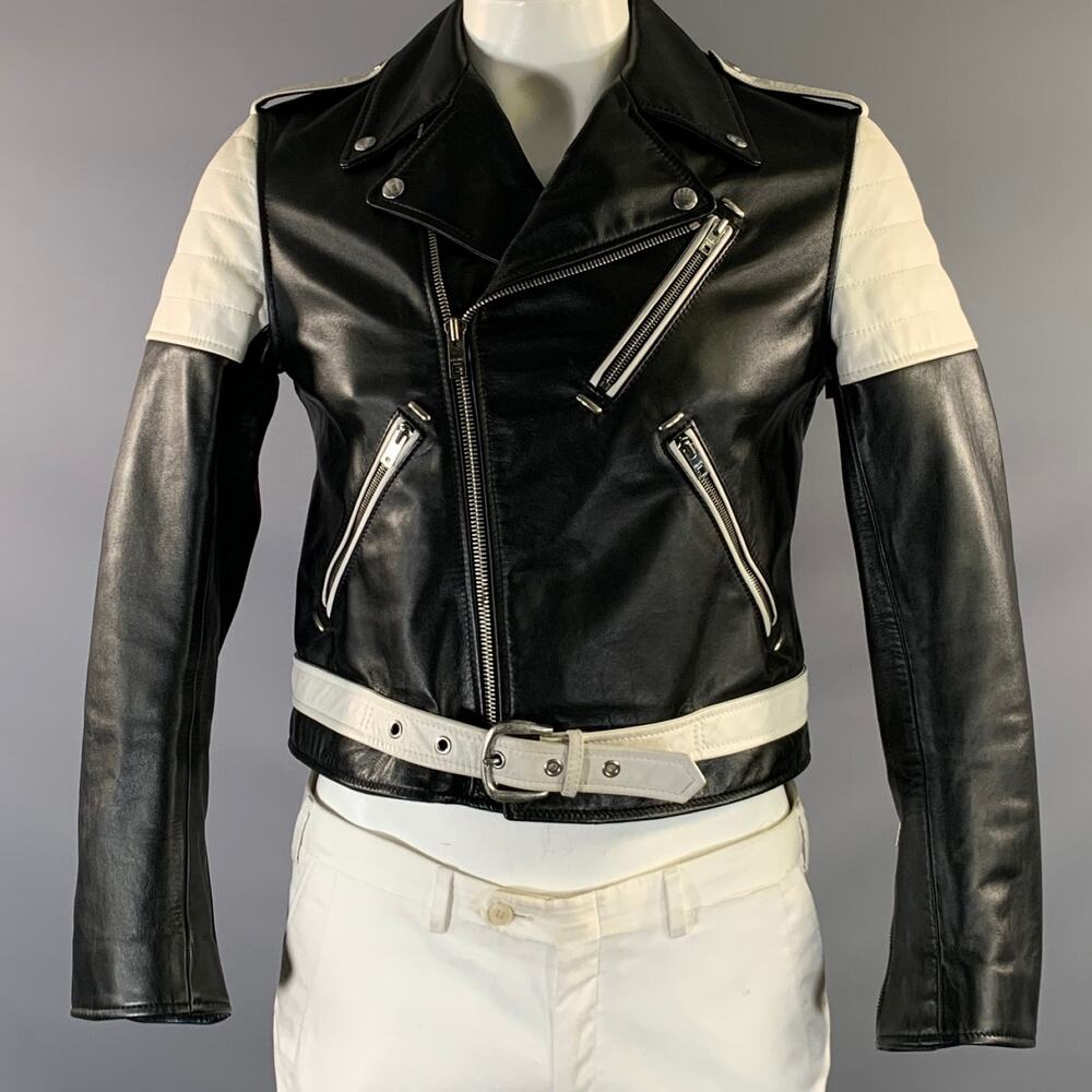 CELINE SS2019 Size 40 Black White Color Block Leather Biker Jacket